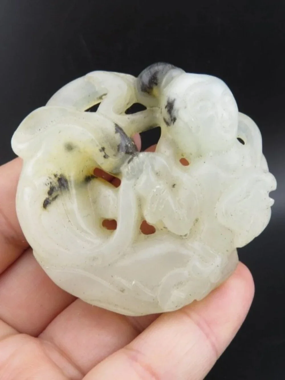 Rare Carved White Jade Fairy Pendant with Black Veining
